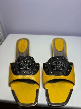 Prada Yellow Leather Slide Sandals with Black Studded Logo 42